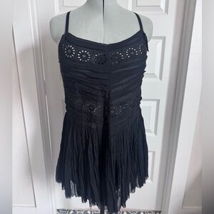 Free People Black Spaghetti Strap Eyelet Tie-Front Mini Dress
